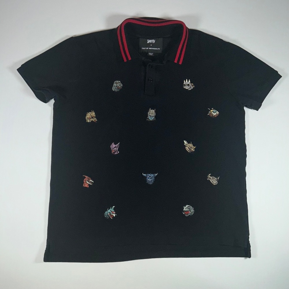 Cult of Individuality x Spiffy Polo Mens Large Black Embroidered Monster Shirt